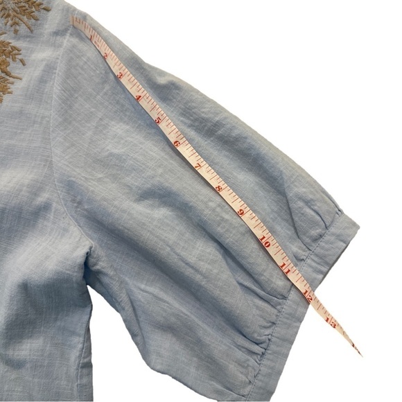 Blue Boho Embroidered Balloon Sleeve V-Neck Top 100% Cotton sz L - Picture 10 of 11